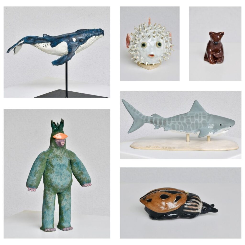 Feature blog post image of a picture collage of 6 different animals - a whale, puffer fish, bear, shark, beatle, and monster