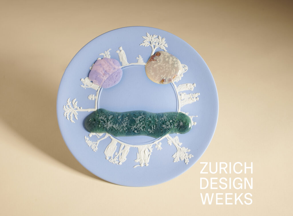 A porcelain plate with melted glaze fused to it, the plate is an example of what people will make during a db pottery zurich design week ceramic workshop