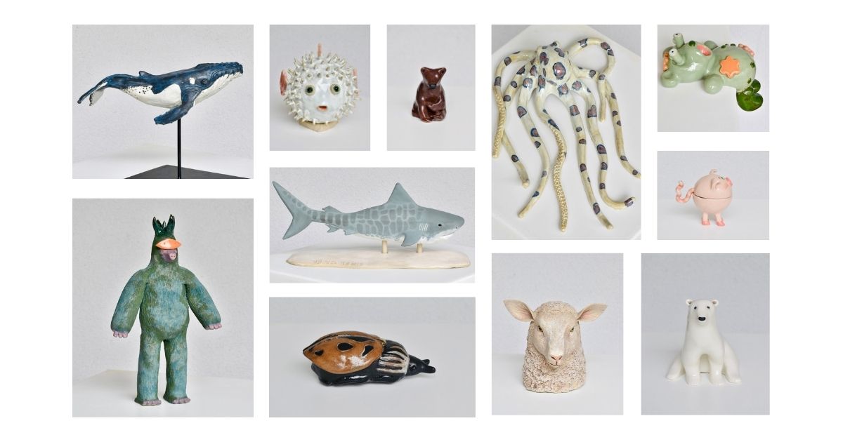 Collage mit zehn Tierskulpturen aus dem db Keramik-Wettbewerb: blauer Buckelwal, weisser Kugelfisch, Octopus mit gepunkteten Tentakeln, grüner Frosch auf Seerosenblatt, grauer Hai, Wildschwein-Schale, Schafskopf, sitzender Eisbär, rosa Schwein-Dose und eine grüne Monsterfigur mit Fischkopf.