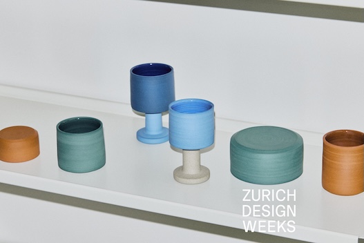 Hand-thrown mugs, goblets and bowls in shades of blue, green and terracotta by Andrea Roman, exhibited at Zurich Design Weeks — Ceramics Workshop at db pottery