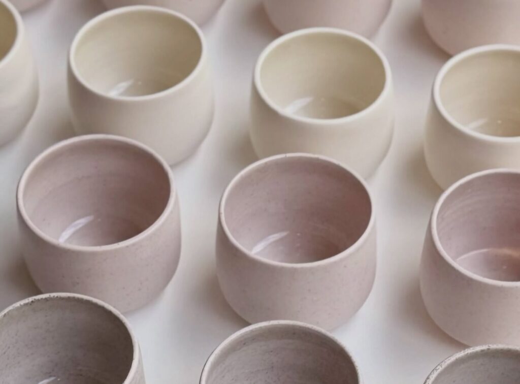 Drei Reihen handgetöpferter Tassen in Creme, Rosé und Sand von Studiomitglied Stephanie Misteli im Töpferatelier db pottery Zürich.