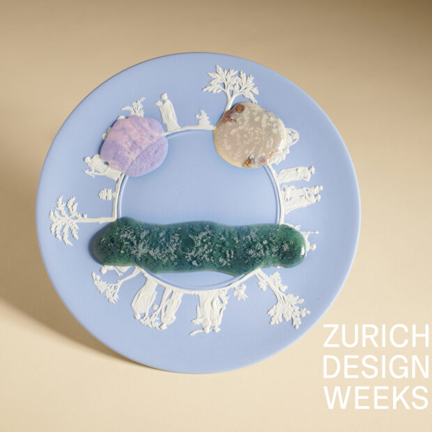 A porcelain plate with melted glaze fused to it, the plate is an example of what people will make during a db pottery zurich design week ceramic workshop