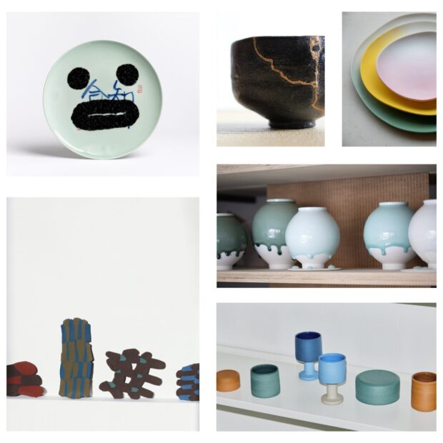 Collage mit Keramik der Gastkünstler:innen bei db pottery Zürich — eine mit Gold reparierte Kintsugi-Teeschale, Seladon-Mondkrüge, farbige Ton-Collagen und pastellfarbene Porzellanteller und -becher.